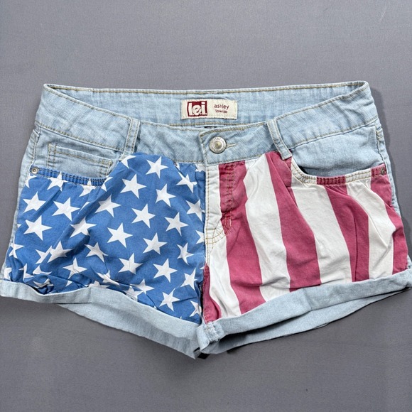 L.e.i. Ashley Low Rise Denim Shorts American Flag Star Stripes Women's Juniors - Picture 1 of 3